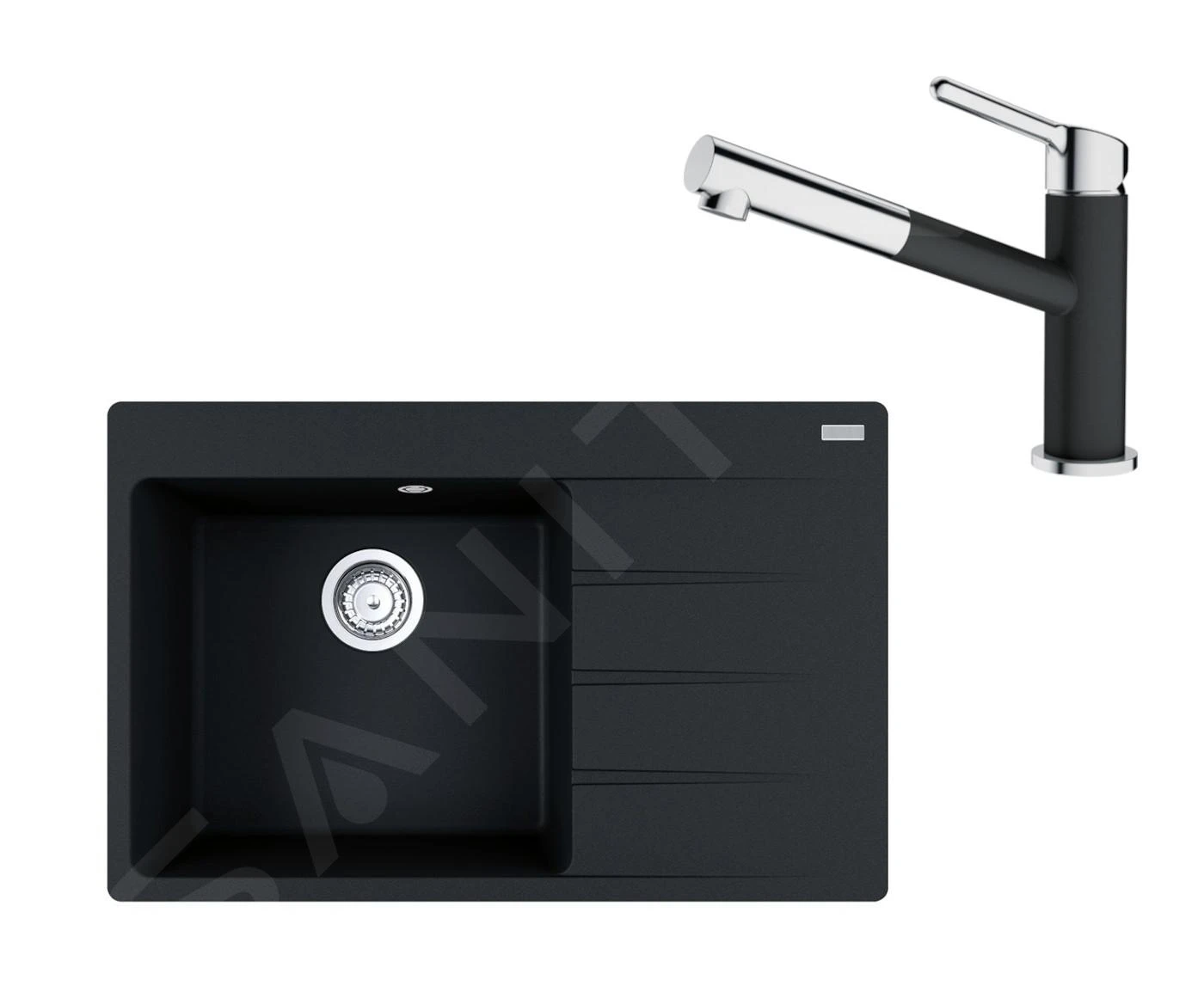 Franke Sets - Set G219, Fragranit Spülbecken CNG 611-78 TL/2 Und Küchenarmatur FC 3055.071, Onyx/Chrom 114.0650.826